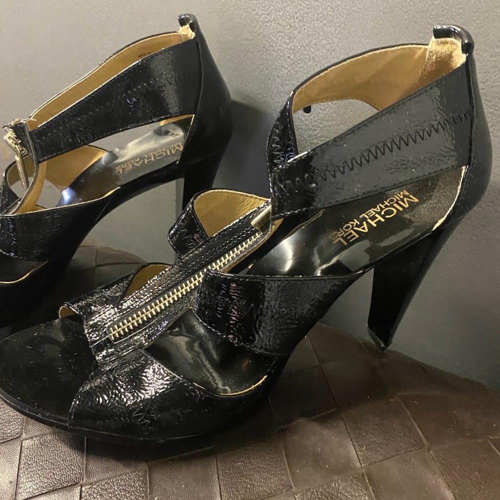 MICHAEL Michael Kors Black Patent Leather Zip-Front High Heel Sandals